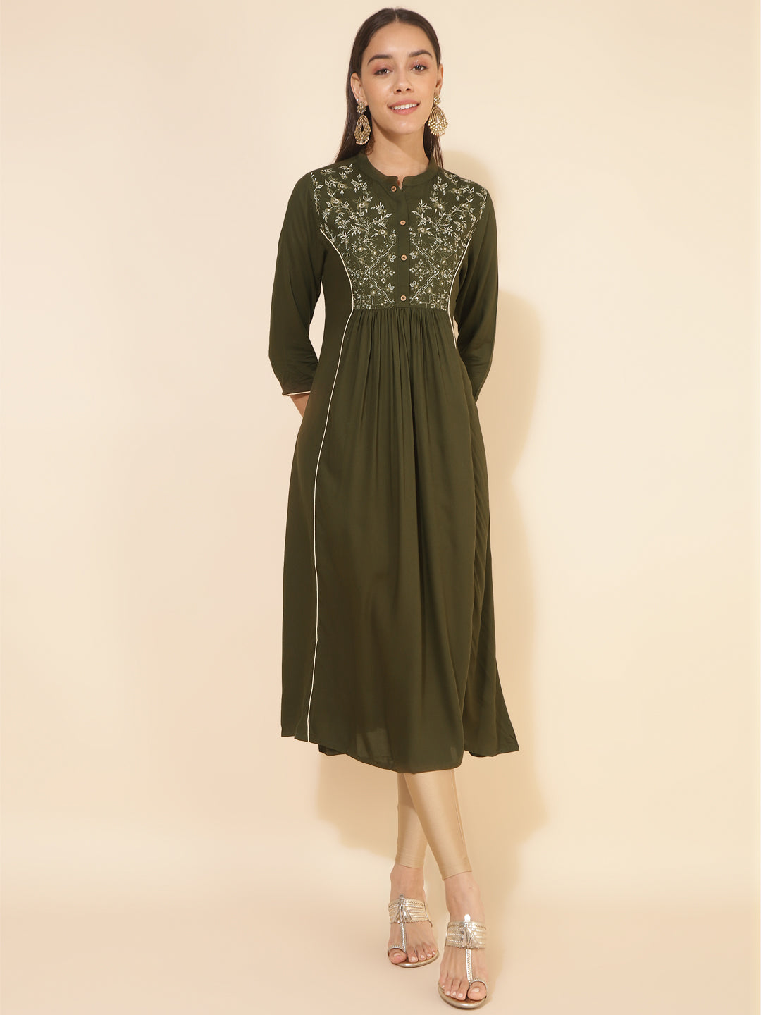 Janasya Olive Rayon Yoke Embroidered Casual Kurta | Grocsy