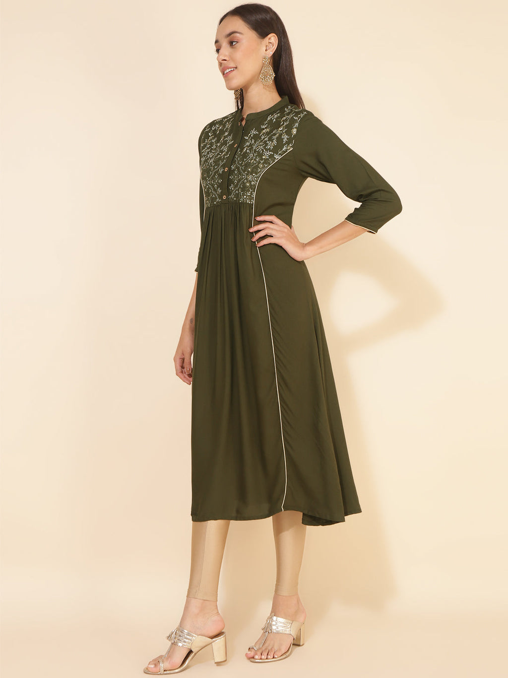 Janasya Olive Rayon Yoke Embroidered Casual Kurta | Grocsy