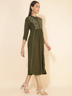 Janasya Olive Rayon Yoke Embroidered Casual Kurta | Grocsy