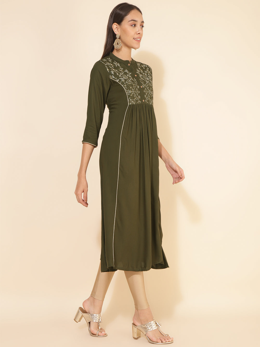 Janasya Olive Rayon Yoke Embroidered Casual Kurta | Grocsy