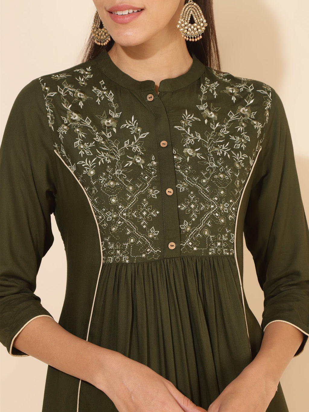 Janasya Olive Rayon Yoke Embroidered Casual Kurta | Grocsy