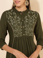 Janasya Olive Rayon Yoke Embroidered Casual Kurta | Grocsy
