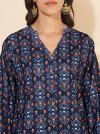 Janasya Dark Blue Moss Digital Printed Casual Kurta | Grocsy