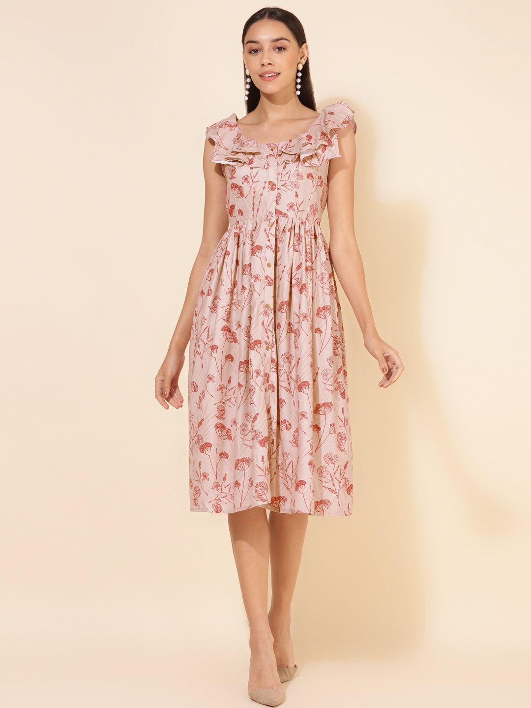 Janasya Women's Beige Moss Digital Floral Printed Casual Dress | Grocsy