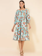Janasya Women's Sea Green Moss Digital Floral Printed Casual Dress | Grocsy