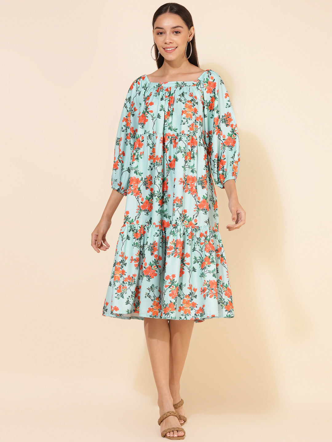 Janasya Women's Sea Green Moss Digital Floral Printed Casual Dress | Grocsy