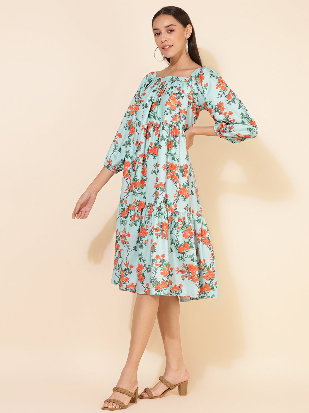 Janasya Women's Sea Green Moss Digital Floral Printed Casual Dress | Grocsy