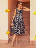 Janasya Women's Navy Blue Brocade Woven Design Casual Dress | Grocsy
