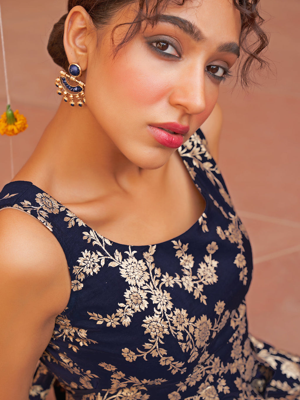 Janasya Women's Navy Blue Brocade Woven Design Casual Dress | Grocsy