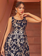 Janasya Women's Navy Blue Brocade Woven Design Casual Dress | Grocsy