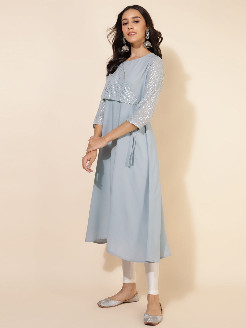 Janasya Grey Crepe Foil Printed Festive Kurta | Grocsy