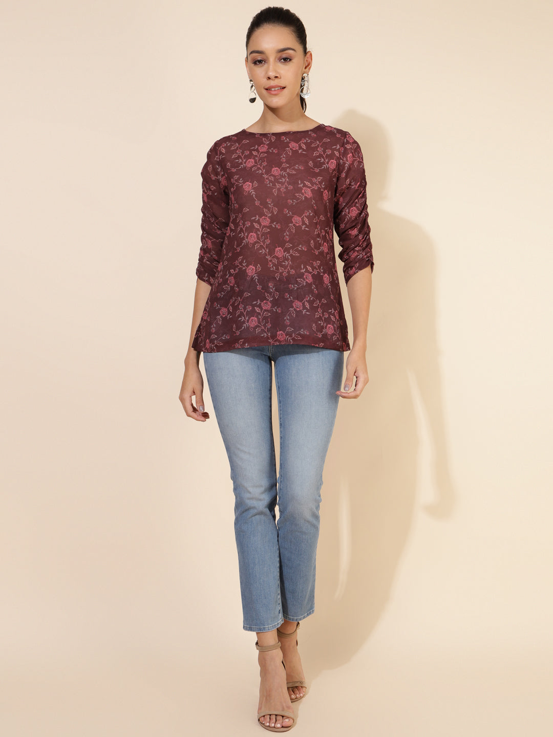 Janasya Women's Brown Georgette Floral Printed Casual Top | Grocsy