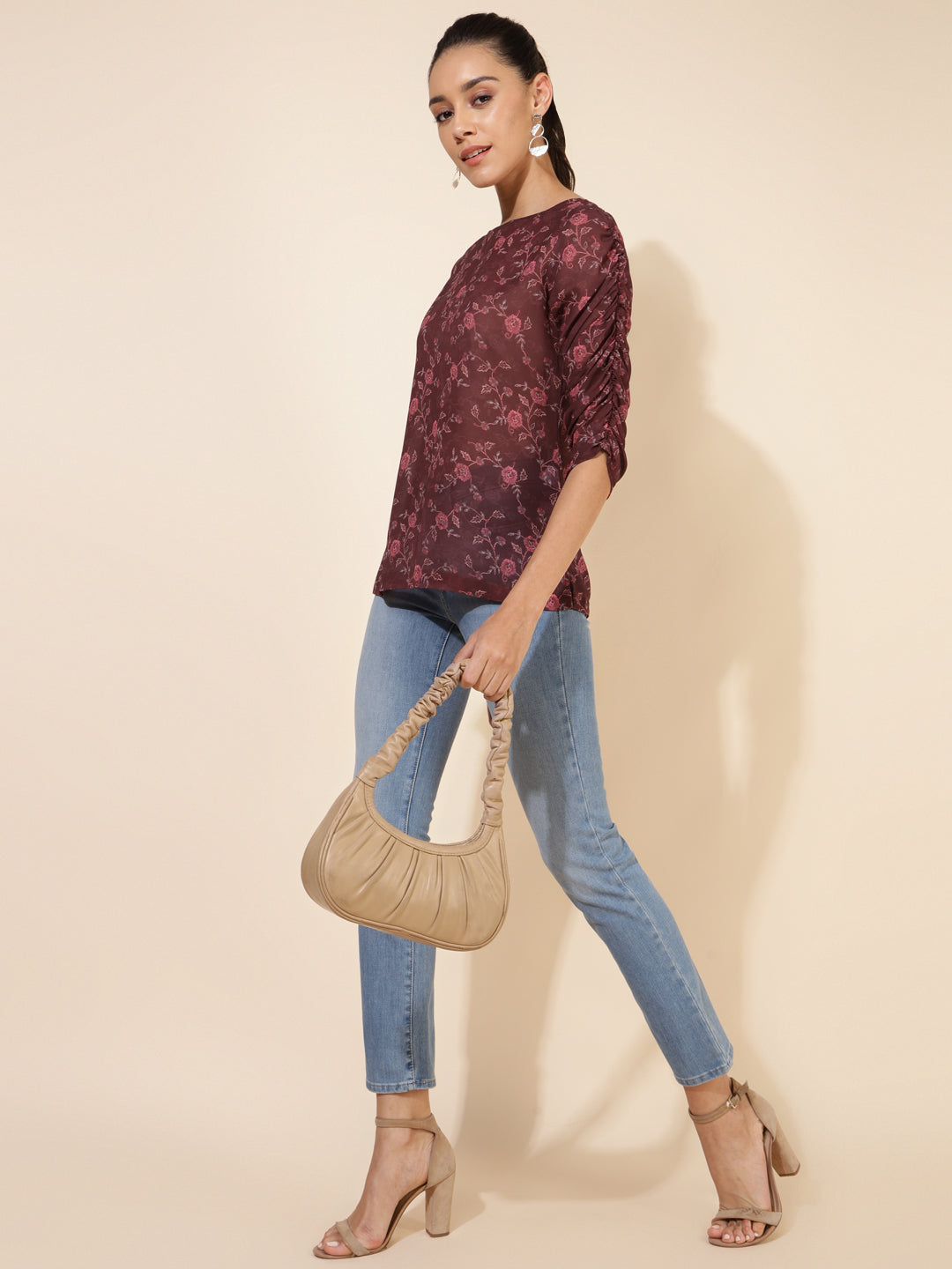 Janasya Women's Brown Georgette Floral Printed Casual Top | Grocsy