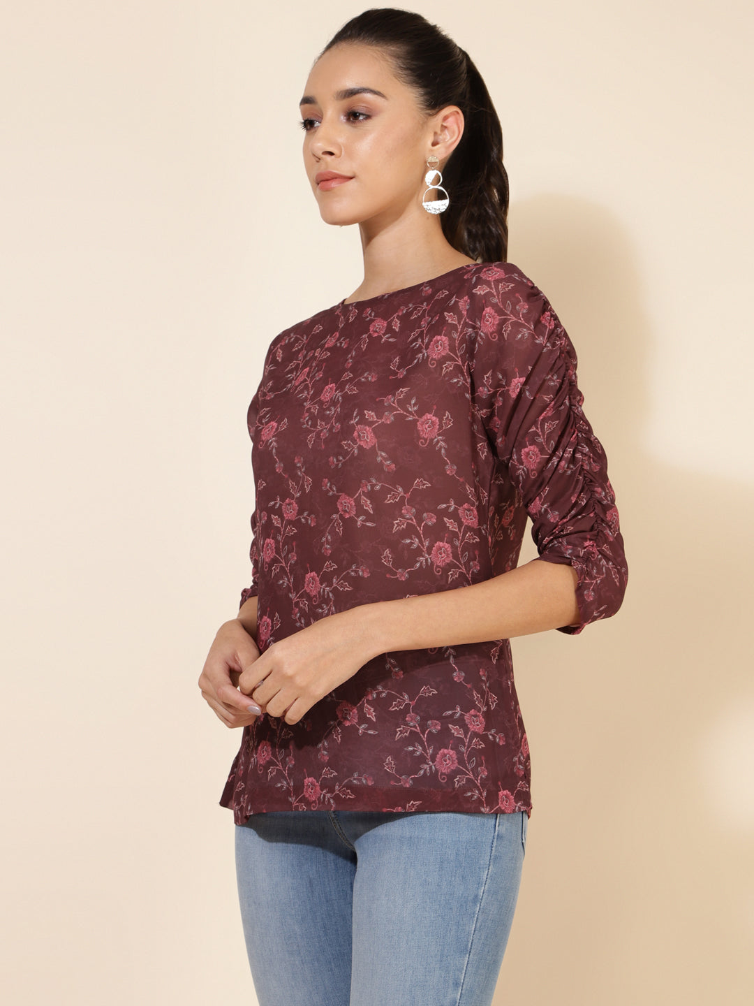 Janasya Women's Brown Georgette Floral Printed Casual Top | Grocsy