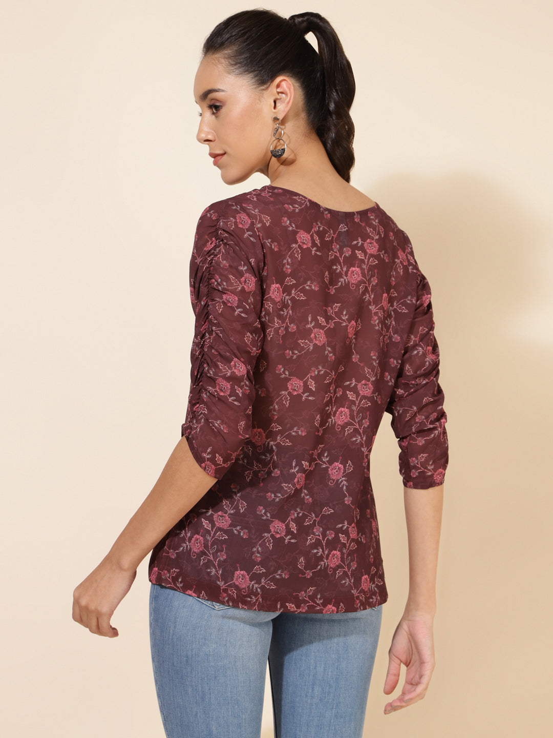 Janasya Women's Brown Georgette Floral Printed Casual Top | Grocsy