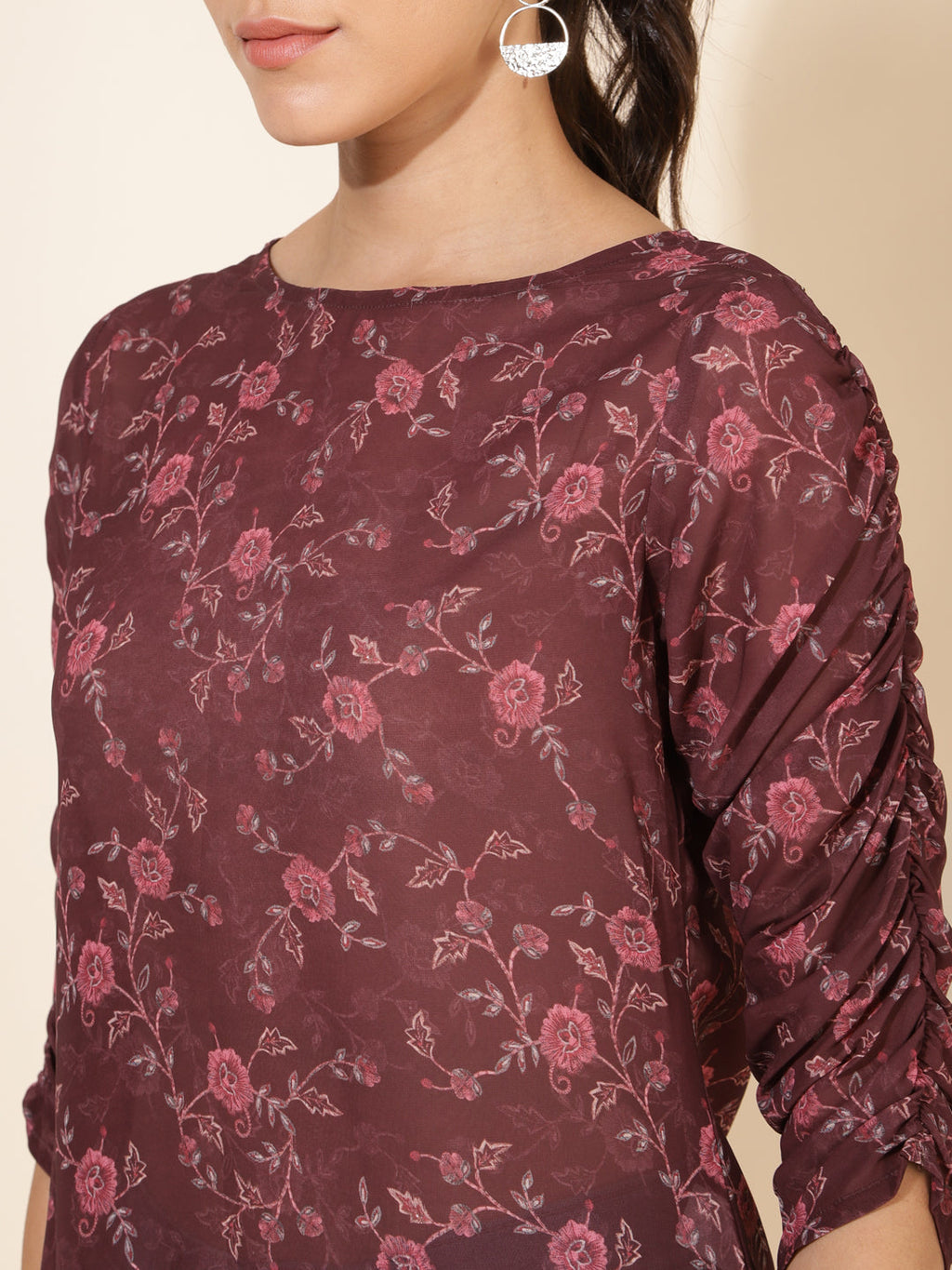 Janasya Women's Brown Georgette Floral Printed Casual Top | Grocsy