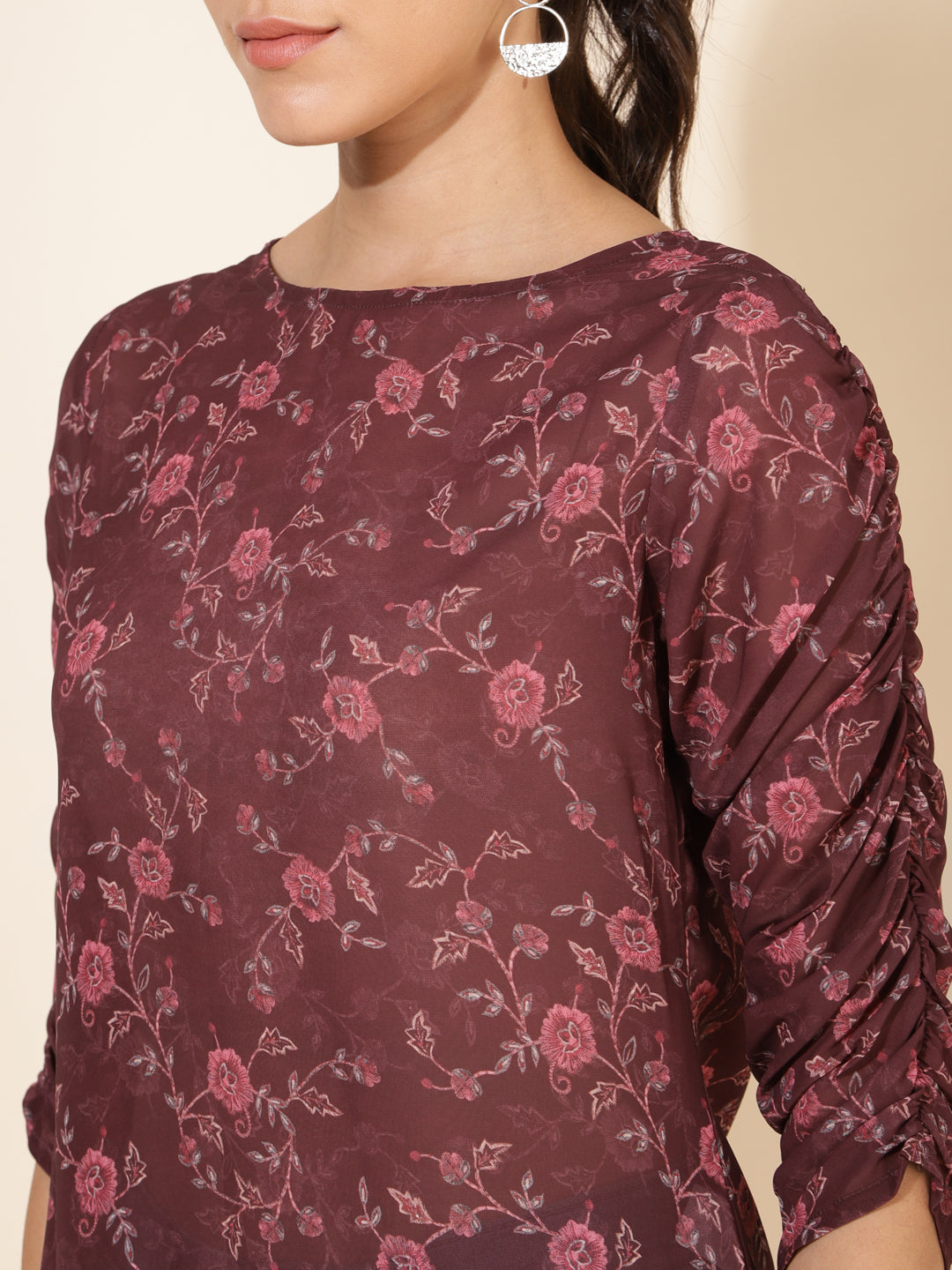 Janasya Women's Brown Georgette Floral Printed Casual Top | Grocsy