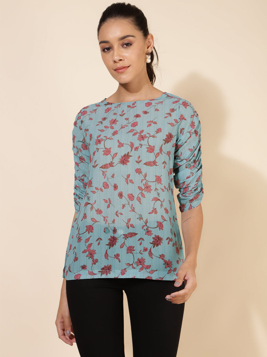 Janasya Women's Mint Green Georgette Floral Printed Casual Top | Grocsy