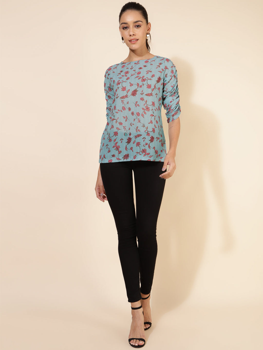 Janasya Women's Mint Green Georgette Floral Printed Casual Top | Grocsy