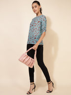 Janasya Women's Mint Green Georgette Floral Printed Casual Top | Grocsy