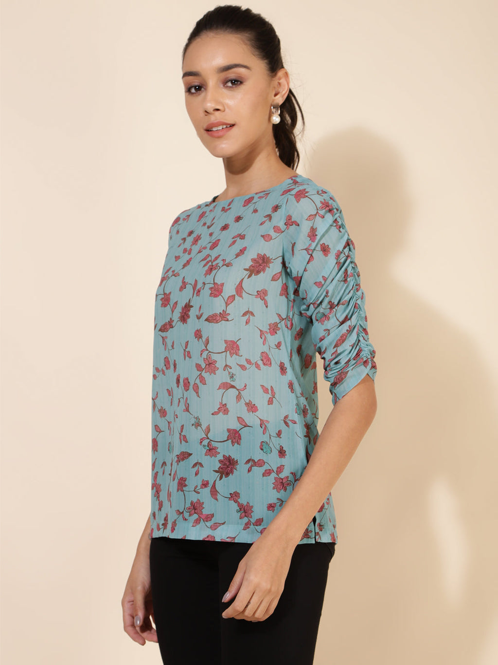 Janasya Women's Mint Green Georgette Floral Printed Casual Top | Grocsy