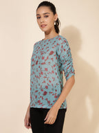 Janasya Women's Mint Green Georgette Floral Printed Casual Top | Grocsy