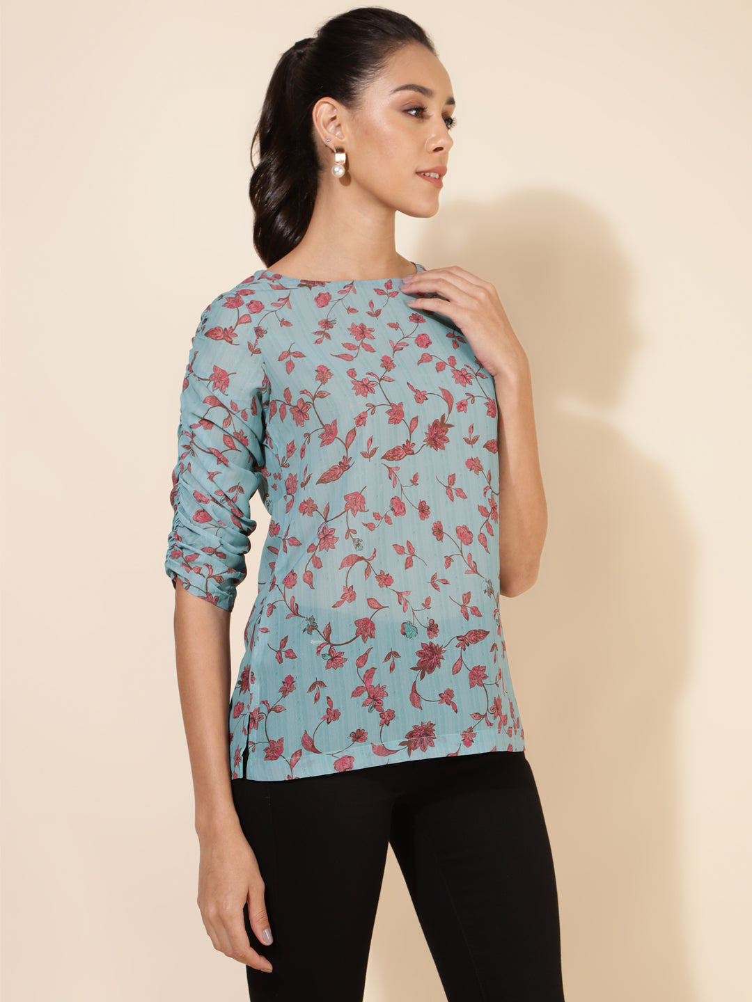 Janasya Women's Mint Green Georgette Floral Printed Casual Top | Grocsy