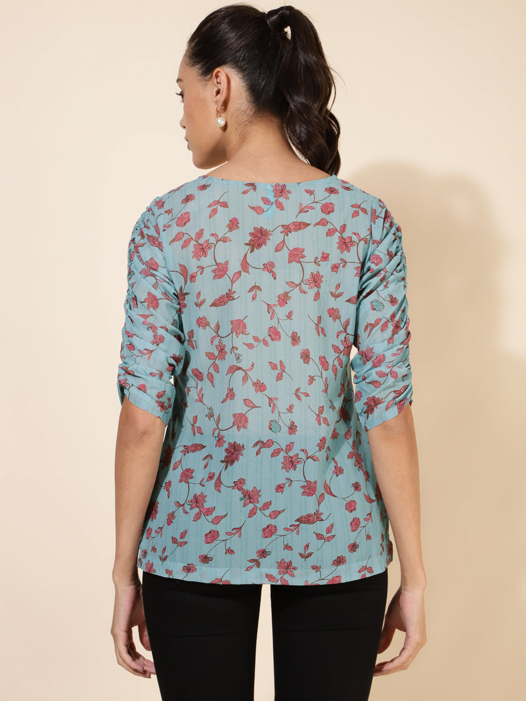Janasya Women's Mint Green Georgette Floral Printed Casual Top | Grocsy