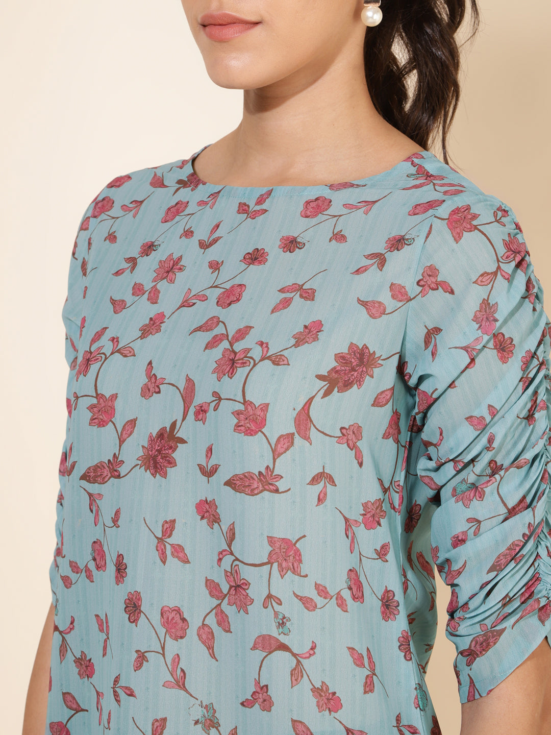 Janasya Women's Mint Green Georgette Floral Printed Casual Top | Grocsy