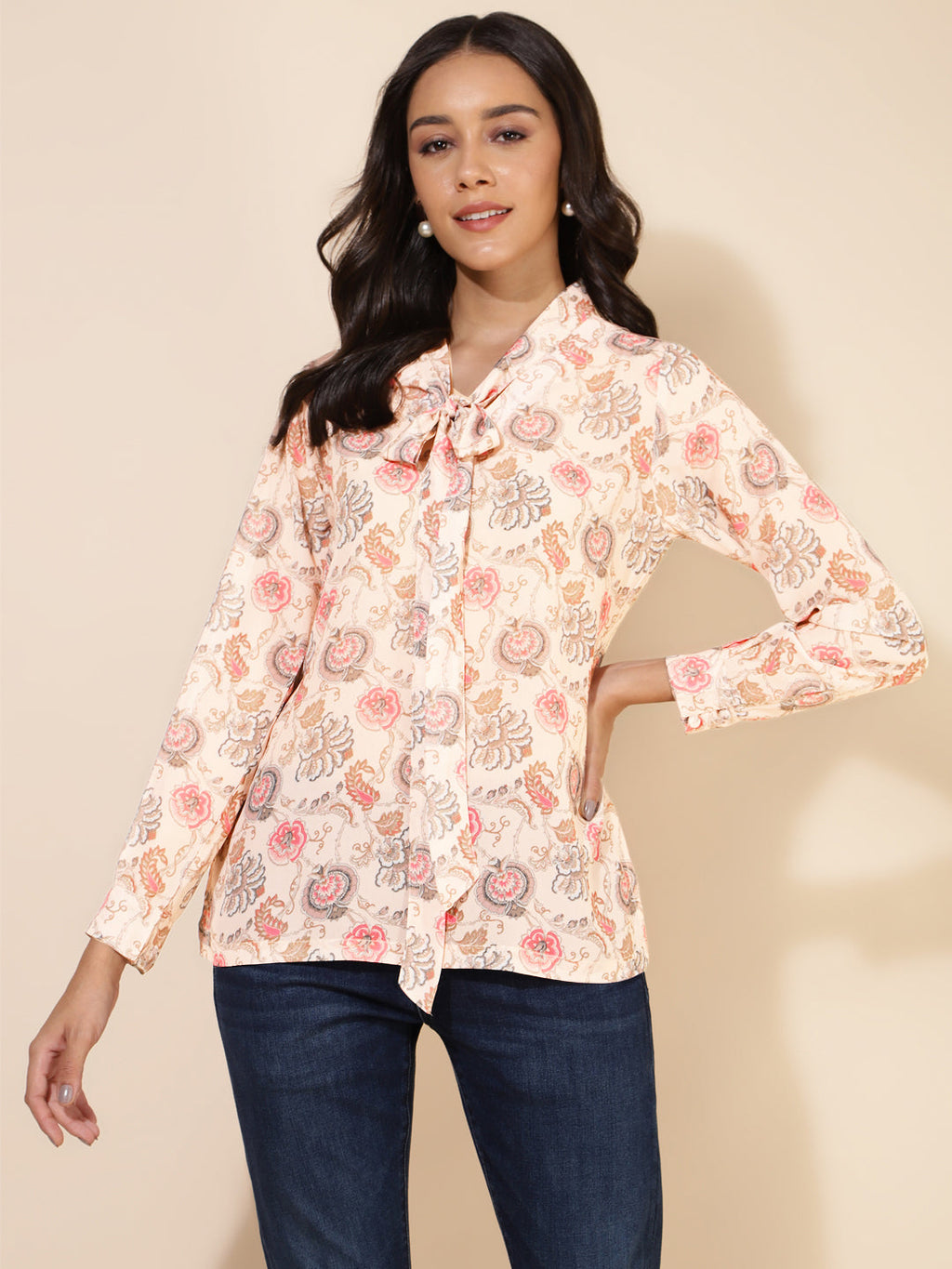 Janasya Women's Peach Georgette Floral Print Casual Top | Grocsy