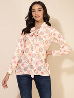 Janasya Women's Peach Georgette Floral Print Casual Top | Grocsy