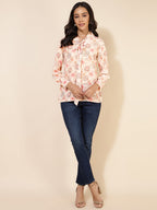 Janasya Women's Peach Georgette Floral Print Casual Top | Grocsy