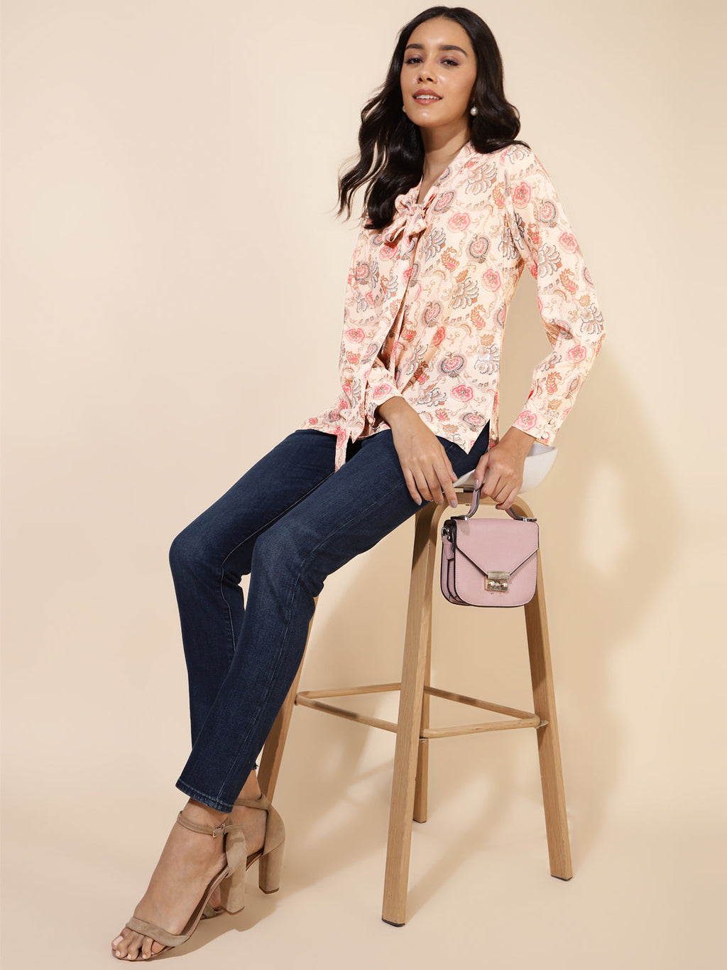 Janasya Women's Peach Georgette Floral Print Casual Top | Grocsy