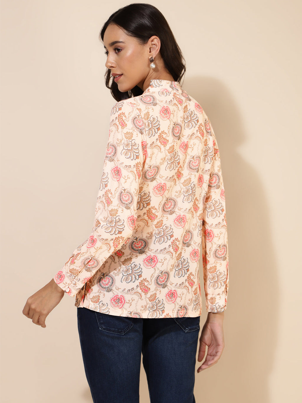 Janasya Women's Peach Georgette Floral Print Casual Top | Grocsy