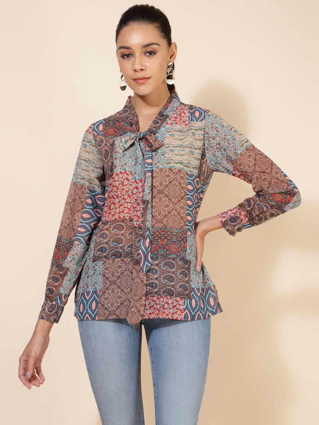 Janasya Women's Multicolor Georgette Ethnic Motifs Casual Top | Grocsy