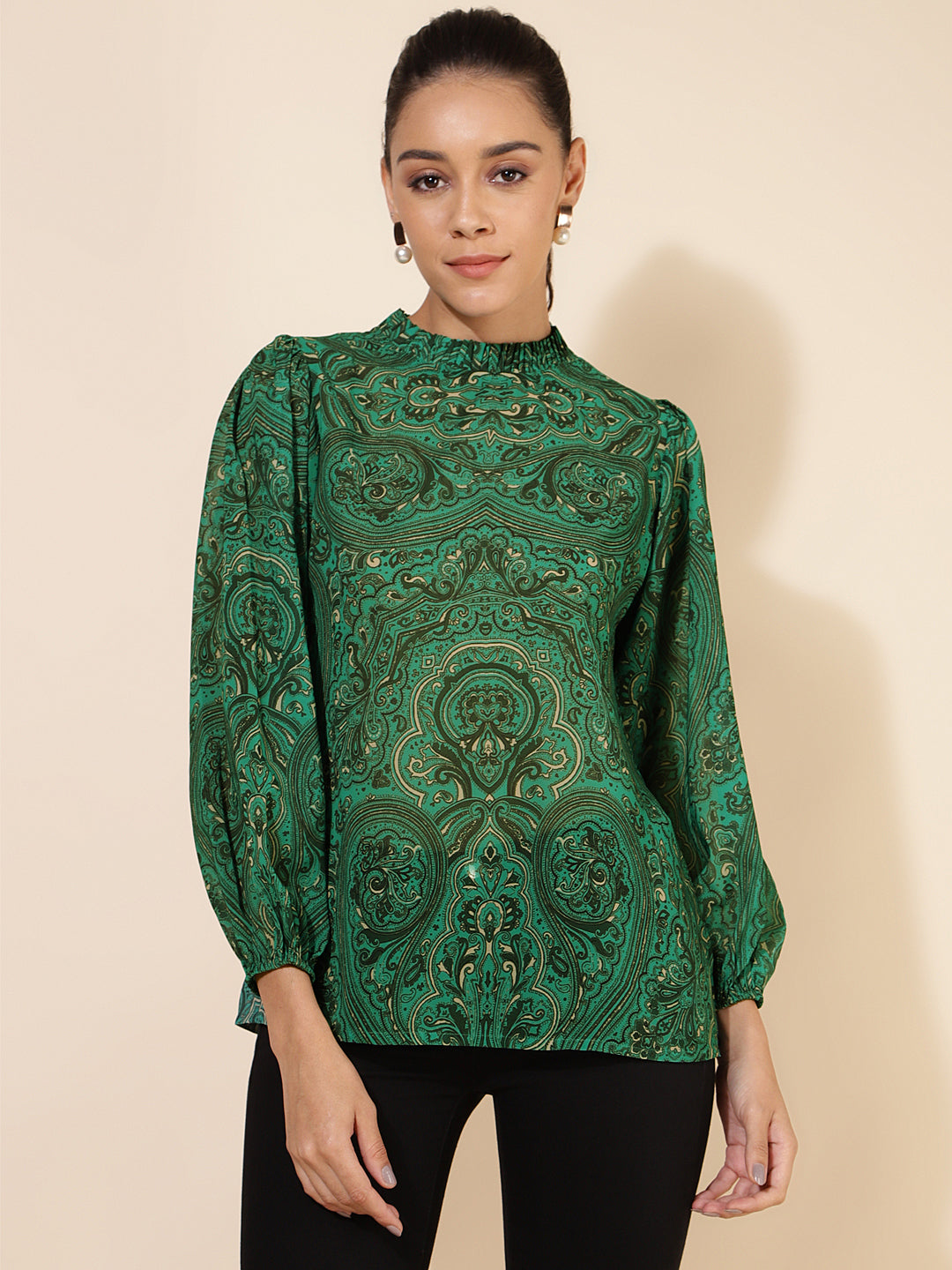 Janasya Women's Green Georgette Digital Printed Casual Top | Grocsy
