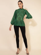 Janasya Women's Green Georgette Digital Printed Casual Top | Grocsy