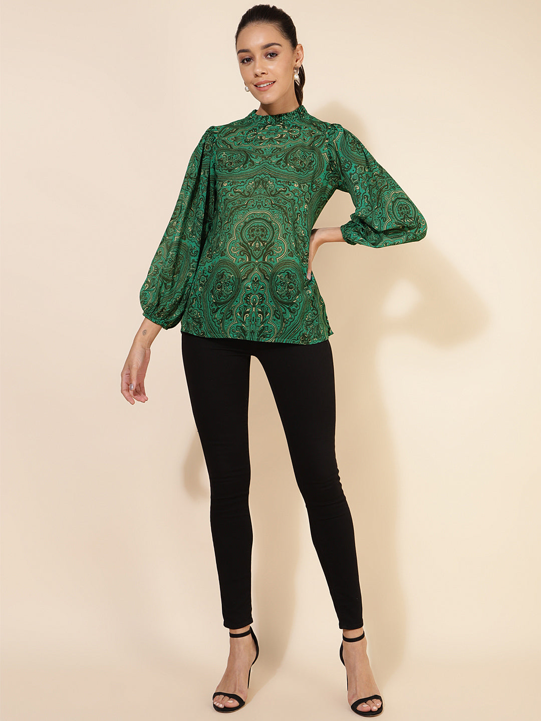 Janasya Women's Green Georgette Digital Printed Casual Top | Grocsy