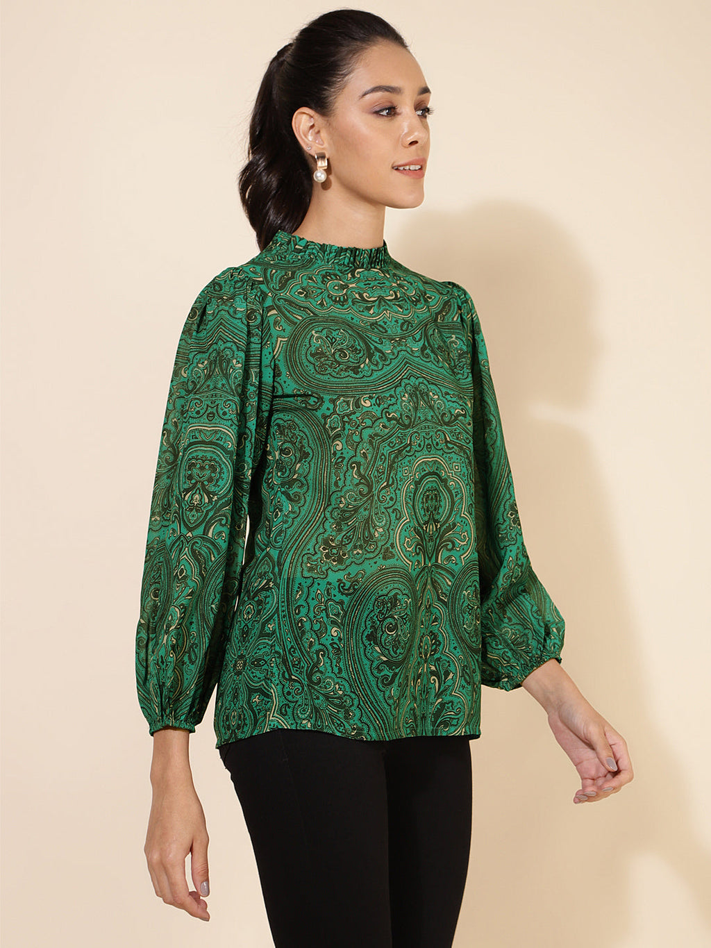 Janasya Women's Green Georgette Digital Printed Casual Top | Grocsy