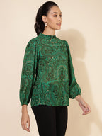 Janasya Women's Green Georgette Digital Printed Casual Top | Grocsy