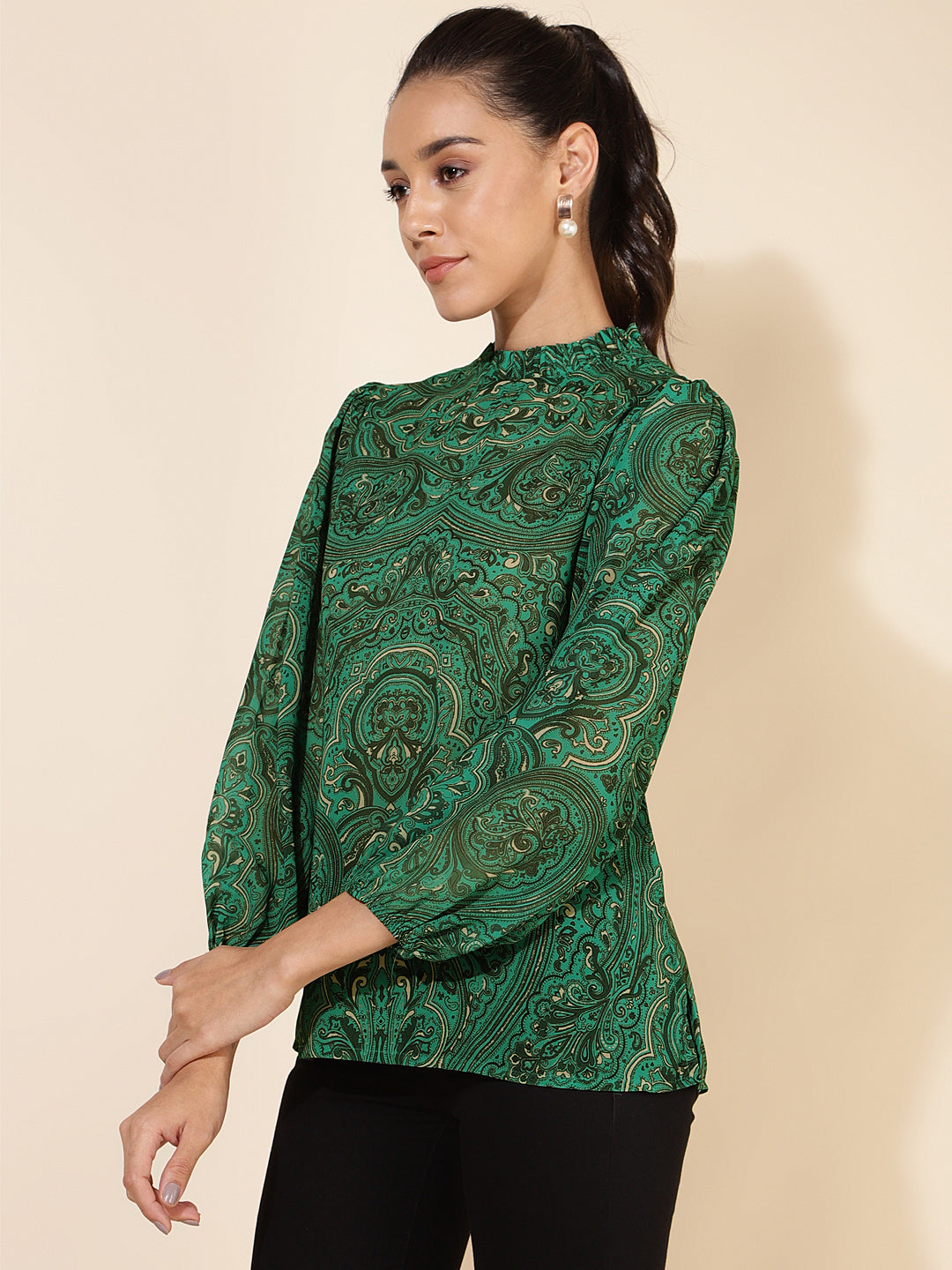 Janasya Women's Green Georgette Digital Printed Casual Top | Grocsy