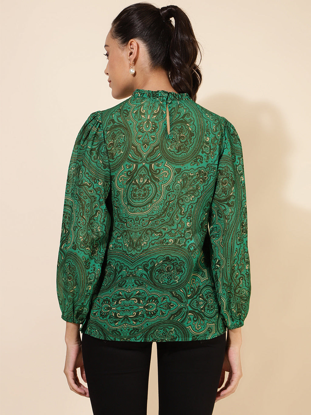 Janasya Women's Green Georgette Digital Printed Casual Top | Grocsy