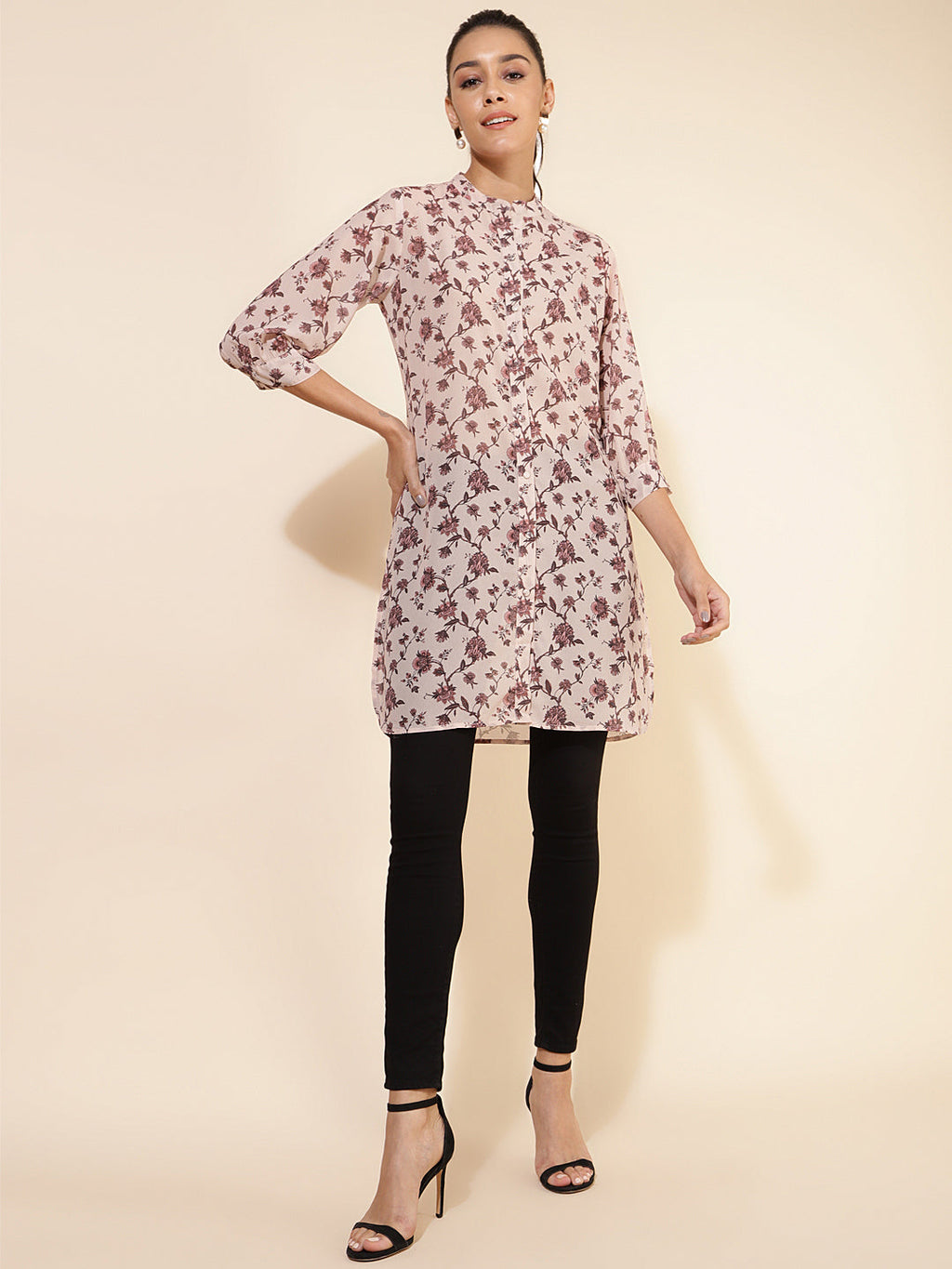 Janasya Women's Beige Georgette Floral Printed Casual Tunic | Grocsy