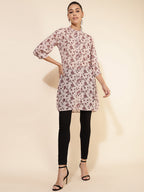 Janasya Women's Beige Georgette Floral Printed Casual Tunic | Grocsy