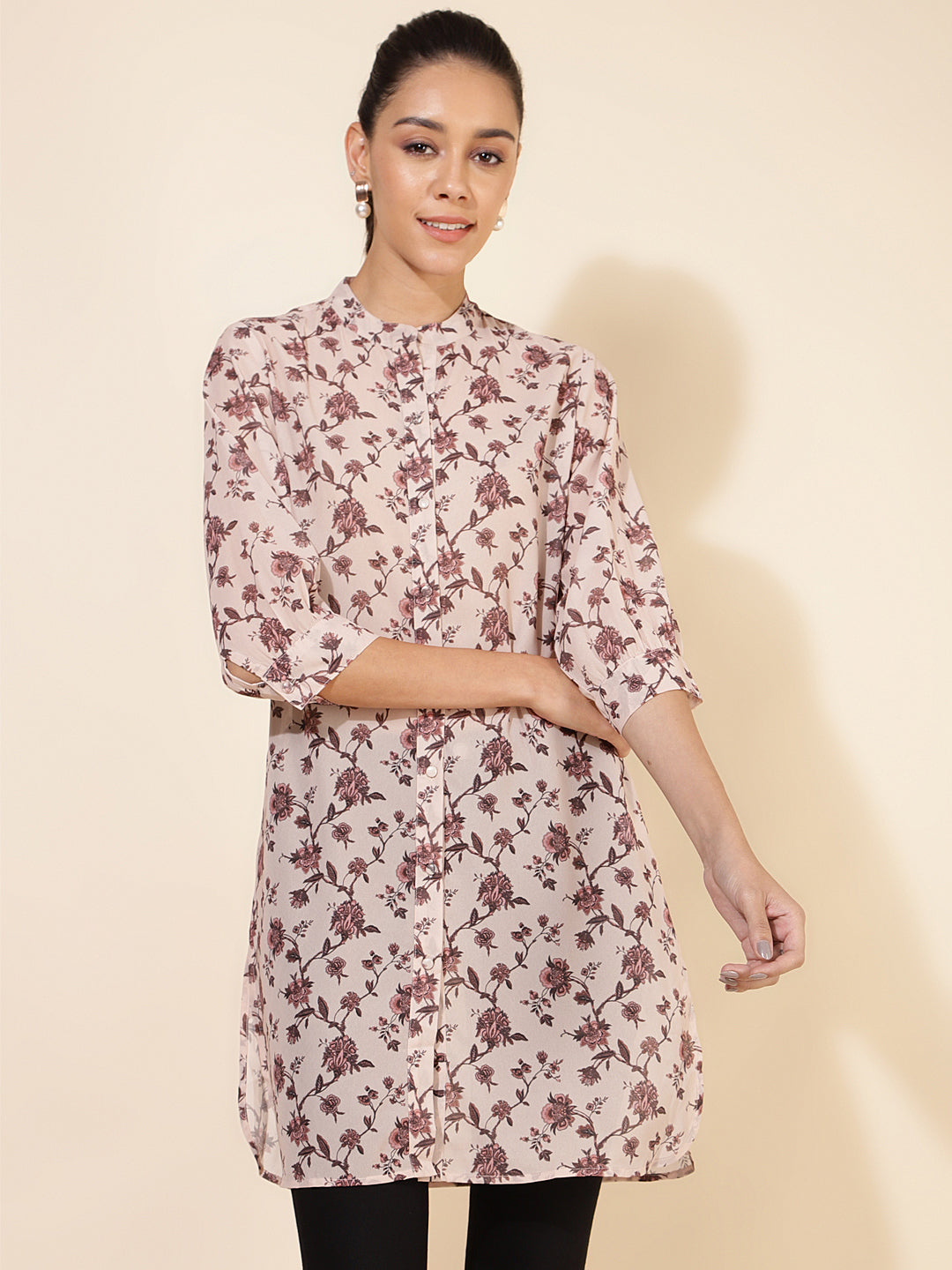 Janasya Women's Beige Georgette Floral Printed Casual Tunic | Grocsy