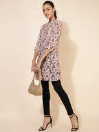 Janasya Women's Beige Georgette Floral Printed Casual Tunic | Grocsy