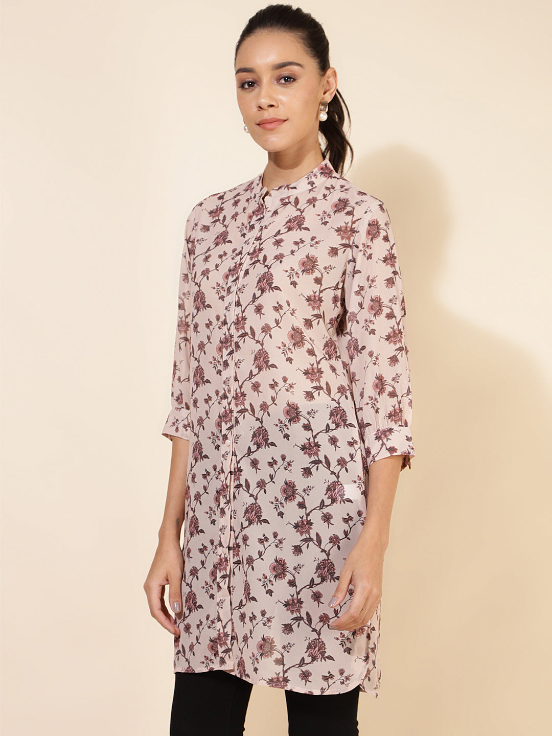 Janasya Women's Beige Georgette Floral Printed Casual Tunic | Grocsy