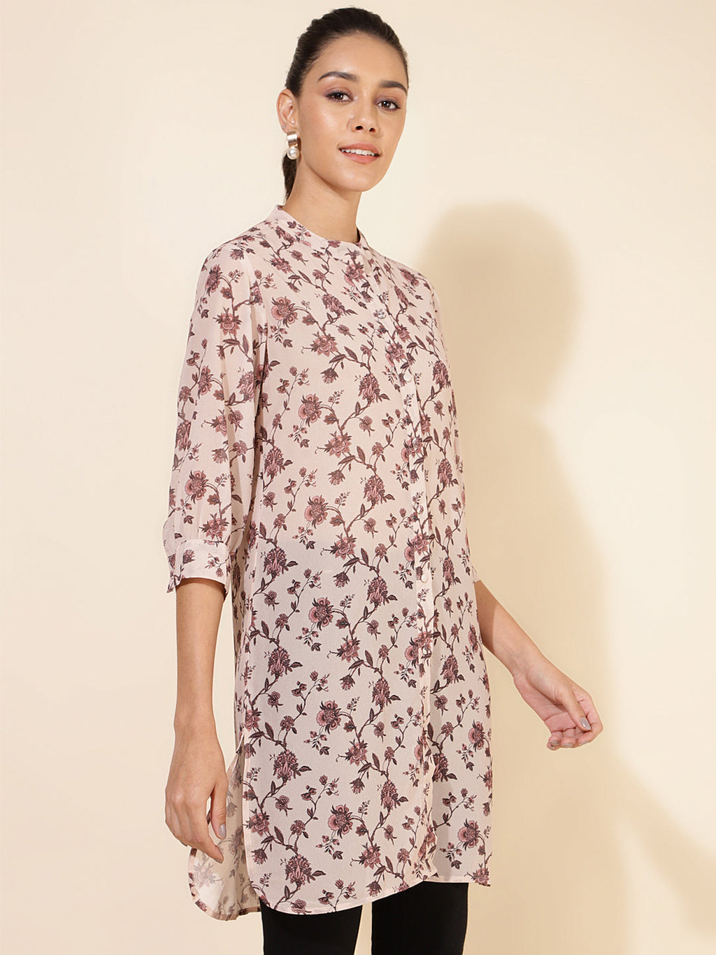 Janasya Women's Beige Georgette Floral Printed Casual Tunic | Grocsy
