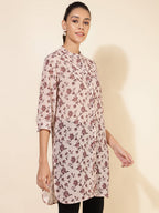 Janasya Women's Beige Georgette Floral Printed Casual Tunic | Grocsy