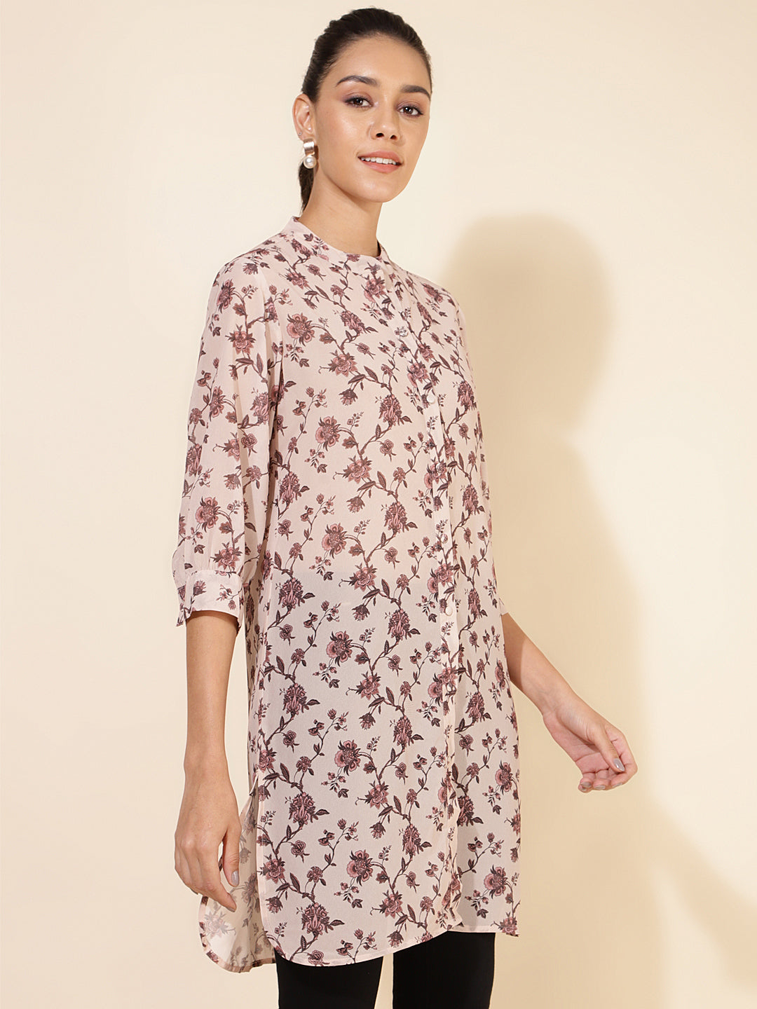 Janasya Women's Beige Georgette Floral Printed Casual Tunic | Grocsy